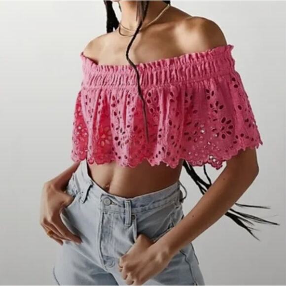 Free People One Crop Top Womens Small Pink One Perla Ruffle Lace Coastal‎ Rodeo - Picture 1 of 10
